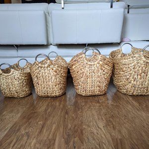 Set of 4 Boho Woven Storage Baskets with Metal Handles